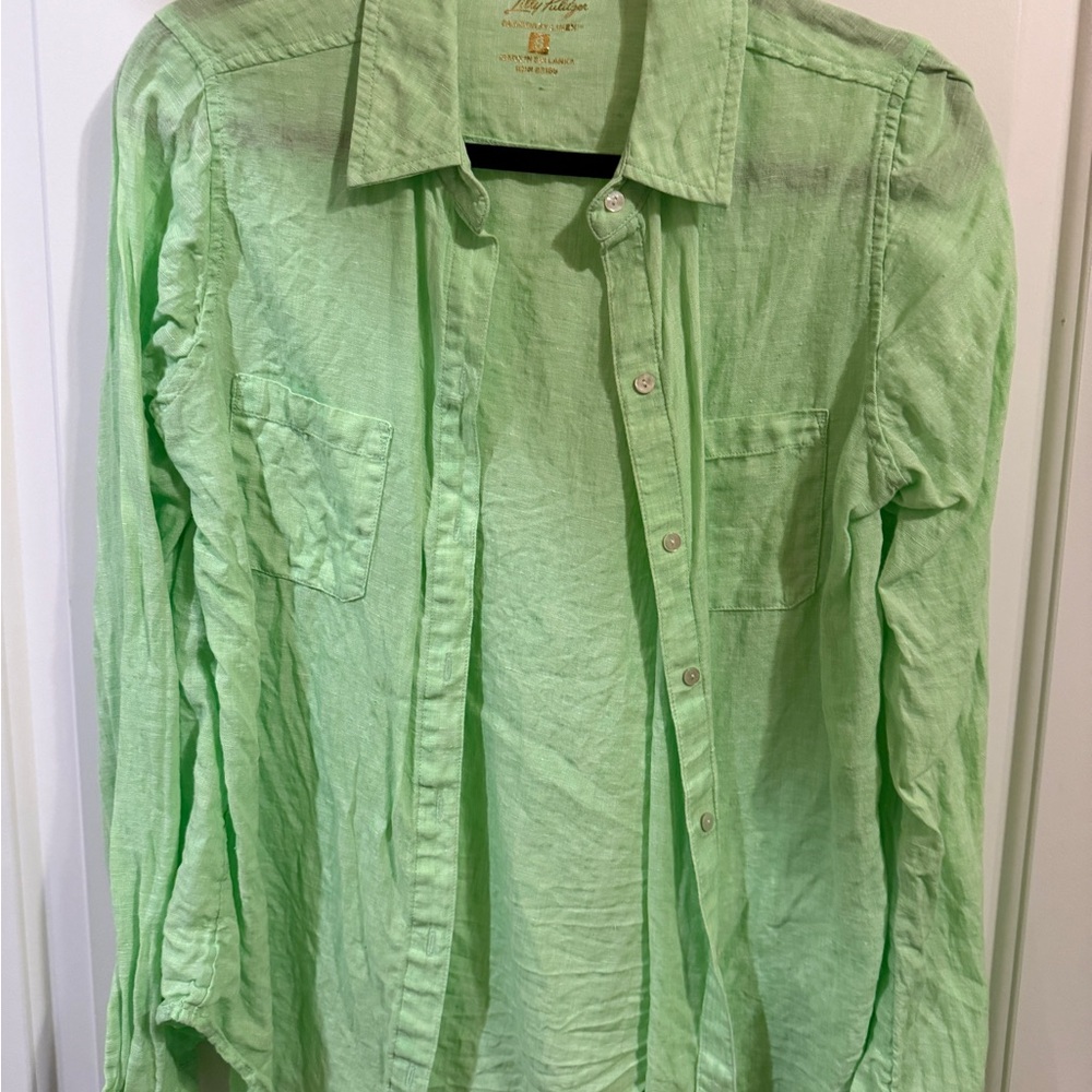 Lilly Pulitzer Sea View Linen Women's Button-Down Shirt in Jade Lime